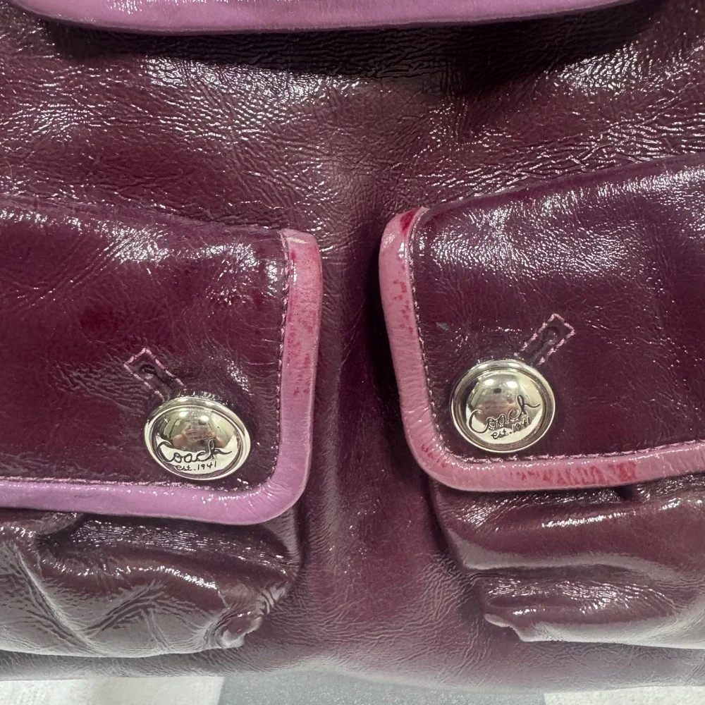 Coach Poppy Spotlight Pocket Hobo Bag Large Burgundy Purple Patent Leather 13869
